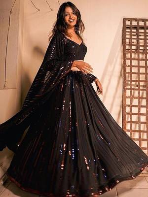  Black Sequins Embroidered Georgette Wedding Wear Lehenga Choli 3