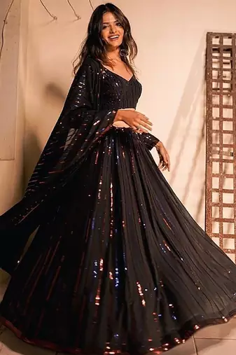  Black Sequins Embroidered Georgette Wedding Wear Lehenga Choli
