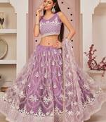 Dazzling Purple Thread Embroidered Butterfly Net Wedding Lehenga Choli
