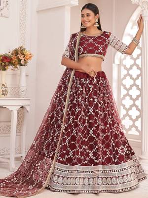 Outstanding Maroon Sequins Embroidered Net Wedding Wear Lehenga Choli With Dupatta 1