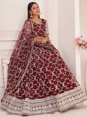 Outstanding Maroon Sequins Embroidered Net Wedding Wear Lehenga Choli With Dupatta 3