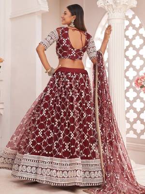 Outstanding Maroon Sequins Embroidered Net Wedding Wear Lehenga Choli With Dupatta 4