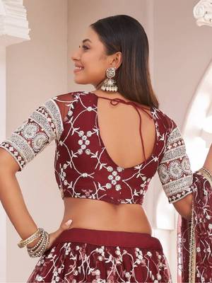 Outstanding Maroon Sequins Embroidered Net Wedding Wear Lehenga Choli With Dupatta 5