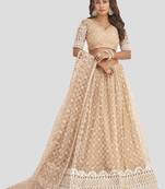  Beige Thread Embroidered Net Wedding Wear Indian Lehenga Dress Designs