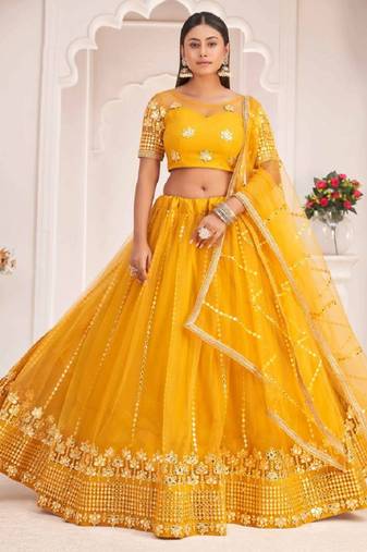  Mustard Yellow Thread Embroidered Net Wedding Wear Lehenga Choli