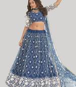 Magnificent Blue Butterfly Net Cotton Thread Embroidered Party Wear Lehenga Choli