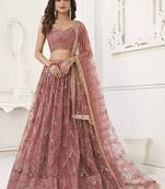  Pink Thread Embroidered Net Indian Wedding Wear Lehenga Dress Designs