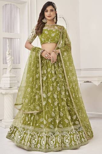  Olive Green Embroidered Net Mahendi Wear Wedding Lehenga Choli