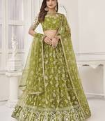 Olive Green Embroidered Net Mahendi Wear Wedding Lehenga Choli