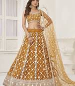 Brown Thread Embroidered Net Indian Wedding Lehenga Choli