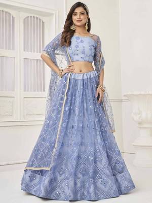  Light Blue Embroidered Net Engagement Wedding Wear Indian Lehenga Dress Designs 1