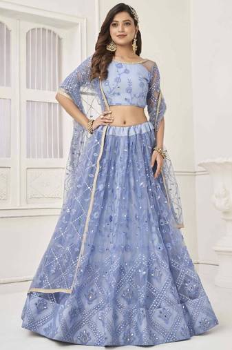  Light Blue Embroidered Net Engagement Wedding Wear Indian Lehenga Dress Designs