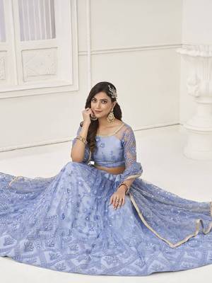  Light Blue Embroidered Net Engagement Wedding Wear Indian Lehenga Dress Designs 2