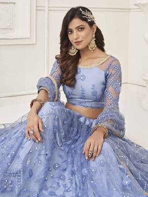  Light Blue Embroidered Net Engagement Wedding Wear Indian Lehenga Dress Designs 3