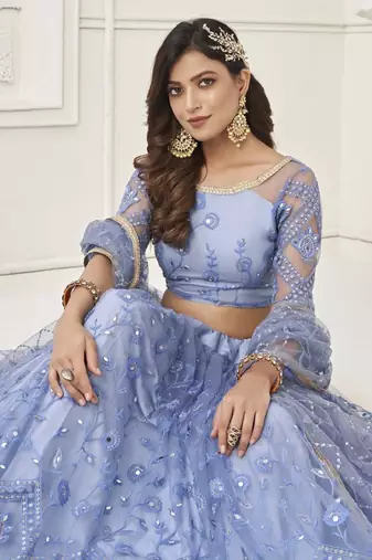  Light Blue Embroidered Net Engagement Wedding Wear Indian Lehenga Dress Designs
