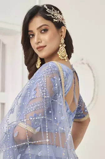  Light Blue Embroidered Net Engagement Wedding Wear Indian Lehenga Dress Designs