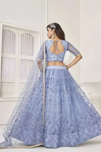  Light Blue Embroidered Net Engagement Wedding Wear Indian Lehenga Dress Designs