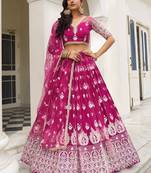Rani-Pink Thread Embroidered Net Sangeet Wedding Wear Lehenga Choli