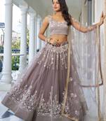 Grey Thread Embroidered Net Sangeet Wear Indian Wedding Lehenga Choli