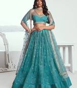  Teal Color Embroidered Net Engagement Wear Indian Wedding Lehenga Choli