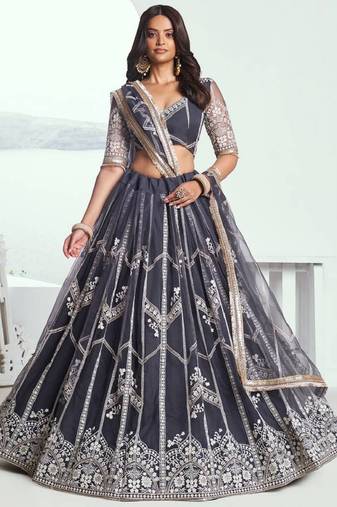 Adorable Slate-Grey Embroidered Net Engagement Wear Indian Wedding Lehenga Choli