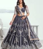 Adorable Slate-Grey Embroidered Net Engagement Wear Indian Wedding Lehenga Choli