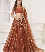 Awesome Brown Embroidered Net Reception Wedding Wear Lehenga Choli