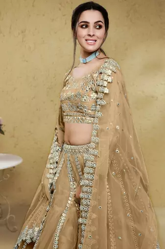 Beige Foil Work Net Monotone Wedding Wear Lehenga Choli