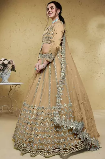  Beige Foil Work Net Monotone Wedding Wear Lehenga Choli
