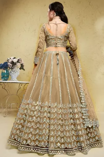  Beige Foil Work Net Monotone Wedding Wear Lehenga Choli