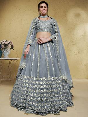  Grey Foil Work Net Bollywood Reception Wear Lehenga Choli 1