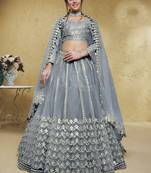 Grey Foil Work Net Bollywood Reception Wear Lehenga Choli