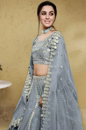  Grey Foil Work Net Bollywood Reception Wear Lehenga Choli