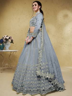  Grey Foil Work Net Bollywood Reception Wear Lehenga Choli 3