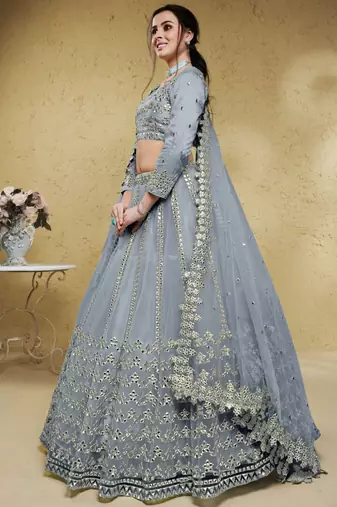  Grey Foil Work Net Bollywood Reception Wear Lehenga Choli