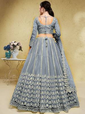 Grey Foil Work Net Bollywood Reception Wear Lehenga Choli 4