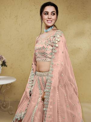 Fascinating Pink Foil Work Net Designer Bridesmaid Wear Lehenga Choli 2