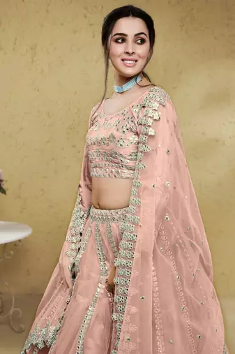 Fascinating Pink Foil Work Net Designer Bridesmaid Wear Lehenga Choli
