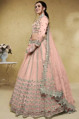 Fascinating Pink Foil Work Net Designer Bridesmaid Wear Lehenga Choli