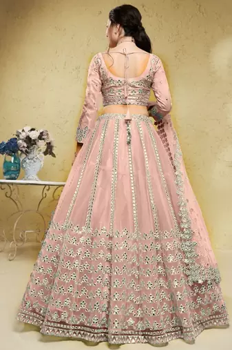 Fascinating Pink Foil Work Net Designer Bridesmaid Wear Lehenga Choli