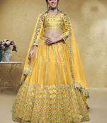 Magnetic Yellow Foil Work Net Ethnic Haldi Wear Lehenga Choli