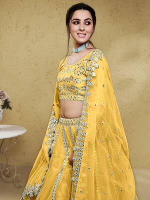 Magnetic Yellow Foil Work Net Ethnic Haldi Wear Lehenga Choli 2