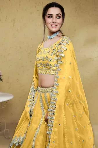 Magnetic Yellow Foil Work Net Ethnic Haldi Wear Lehenga Choli
