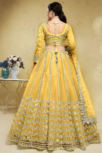 Magnetic Yellow Foil Work Net Ethnic Haldi Wear Lehenga Choli