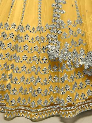 Magnetic Yellow Foil Work Net Ethnic Haldi Wear Lehenga Choli 5