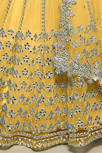 Magnetic Yellow Foil Work Net Ethnic Haldi Wear Lehenga Choli