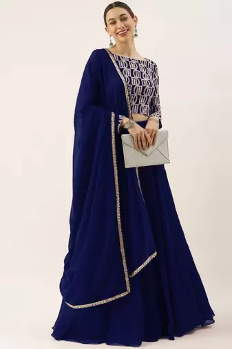 Blue Thread Embroidered Georgette Party Wear Designer Lehenga Choli