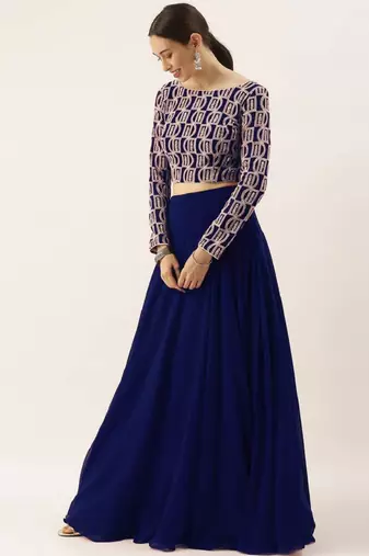 Blue Thread Embroidered Georgette Party Wear Designer Lehenga Choli