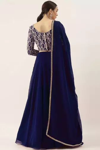 Blue Thread Embroidered Georgette Party Wear Designer Lehenga Choli