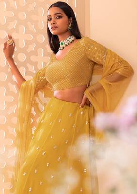 Fantastic Yellow Embroidered Georgette Festive Wear Wedding Lehenga Choli Set 2